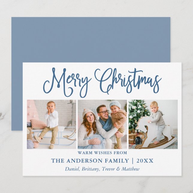 Modern Fun Calligraphy Photo Dusty Blue Christmas Holiday Card (Front/Back)