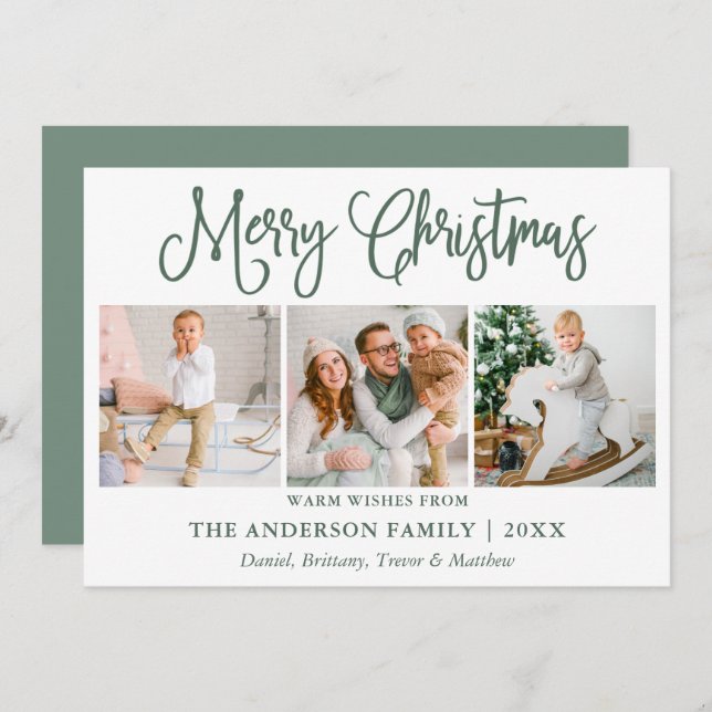 Modern Fun Calligraphy Photo Sage Green Christmas Holiday Card (Front/Back)