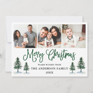 Modern Fun Calligraphy Pines 3 Photo Christmas Holiday Card