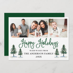 Modern Fun Calligraphy Pines 3 Photo Green Holiday Card
