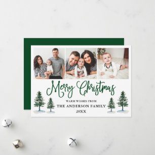 Modern Fun Calligraphy Pines Photo Christmas Green Holiday Card