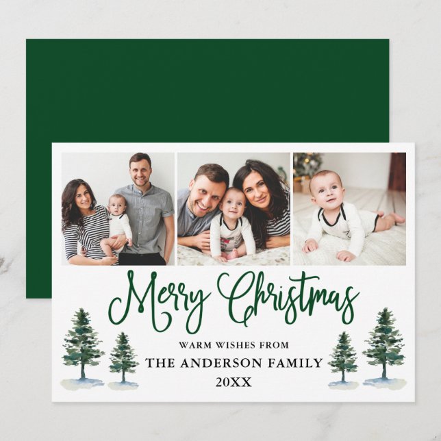 Modern Fun Calligraphy Pines Photo Christmas Green Holiday Card (Front/Back)