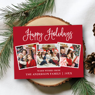 Modern Fun Calligraphy Red 3 Photo Holiday Postcard