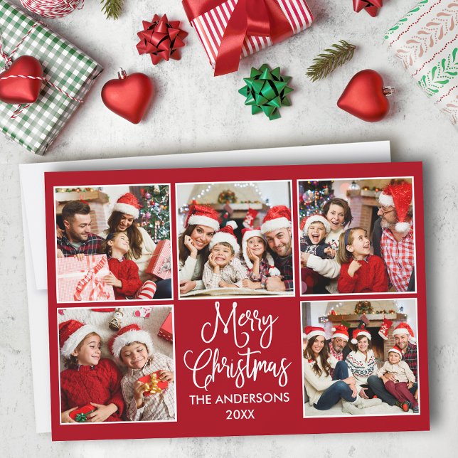 Modern Fun Calligraphy Red 5 Photo Christmas Holiday Card (Customize to add text to back of card or to change background color of card.)