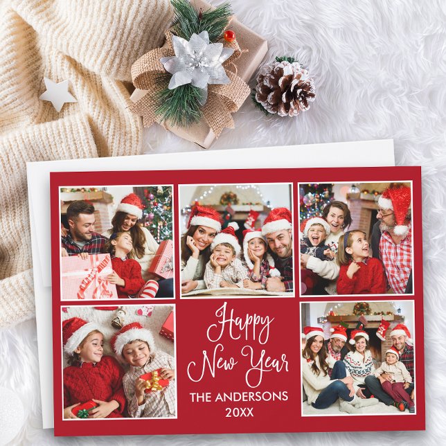 Modern Fun Calligraphy Red 5 Photo New Year Holiday Card (Customize to add text to back of card.)