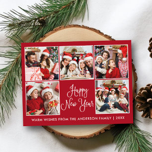 Modern Fun Calligraphy Red 5 Photo New Year Postcard