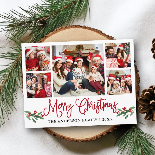 Modern Fun Calligraphy Red Christmas Holly 5 Photo Postcard (Customize to change your personalized text size or text style.)