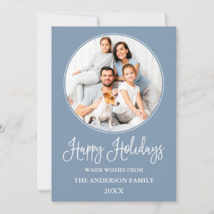 Modern Fun Calligraphy Round Photo Frame Blue Holiday Card