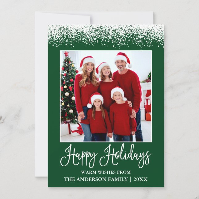 Modern Fun Calligraphy Snow Topped Photo Green Holiday Card (Front)