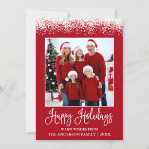 Modern Fun Calligraphy Snow Topped Photo Red Holiday Card