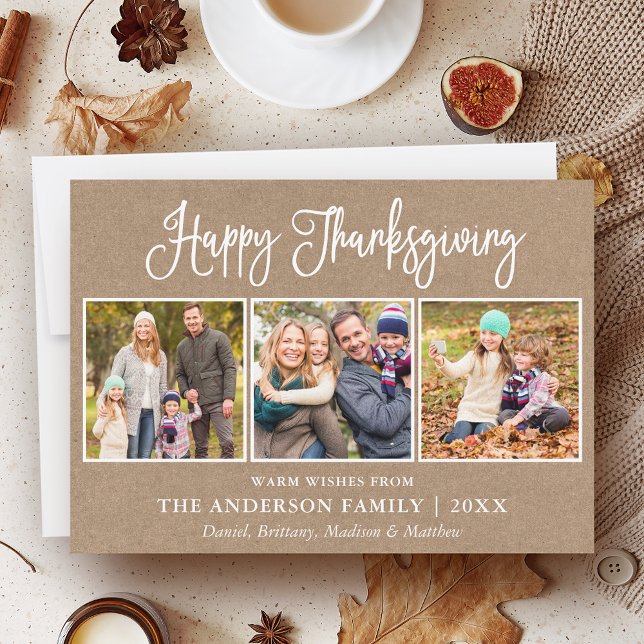 Modern Fun Calligraphy Thanksgiving 3 Photo Kraft Holiday Card (Customize to add more text or photos to back of card.)