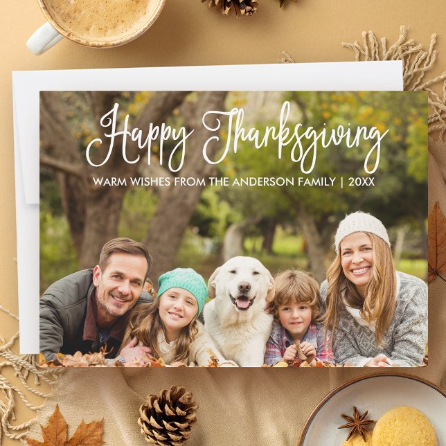 Modern Fun Calligraphy Thanksgiving Family Photo Holiday Card (Customize to add more text or photos to back of card.)