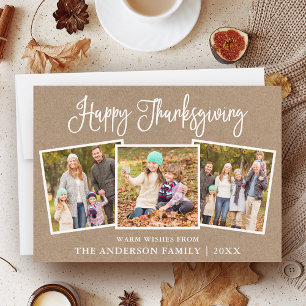Modern Fun Calligraphy Thanksgiving Kraft 3 Photo Holiday Card
