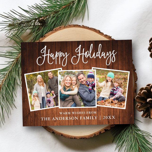 Modern Fun Calligraphy Wood 3 Photo Holiday Postcard (Customize to change your personalized text size or text style.)