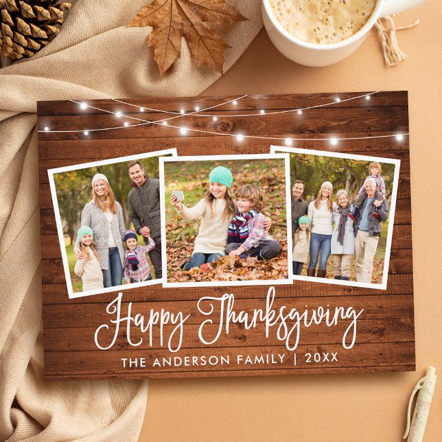 Modern Fun Calligraphy Wood 3 Photo Thanksgiving Postcard (Customize to change your personalized text size or text style.)