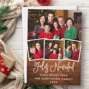 Modern Fun Calligraphy Wood 4 Photo Feliz Navidad Holiday Card