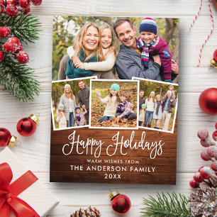 Modern Fun Calligraphy Wood 4 Photo Holiday Postcard