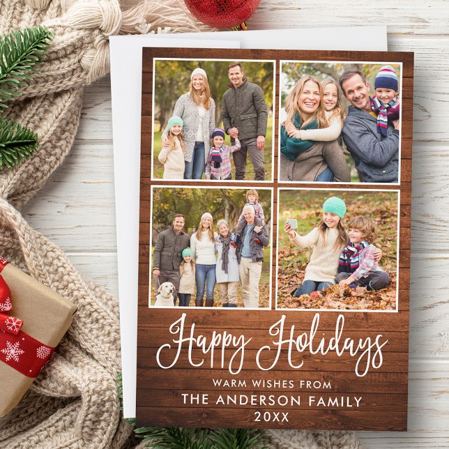 Modern Fun Calligraphy Wood 4 Photos Holiday Card (Customize to add text to back of card.)