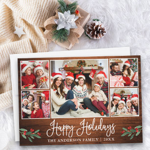 Modern Fun Calligraphy Wood 5 Photo Holiday Card