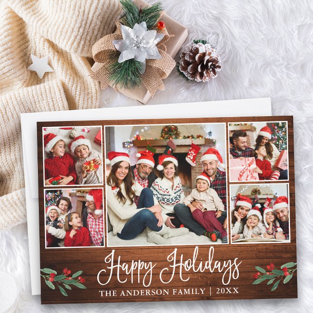Modern Fun Calligraphy Wood 5 Photo Holiday Card (Customize to add text to back of card.)