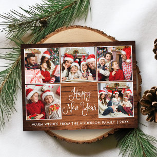 Modern Fun Calligraphy Wood 5 Photo New Year Postcard