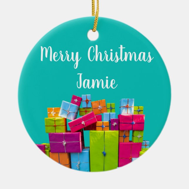 Modern fun colourful presents Christmas Ceramic Tree Decoration (Front)