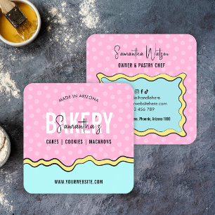 Modern Fun Colourful Trendy Cartoon Cake Bakery Square Business Card