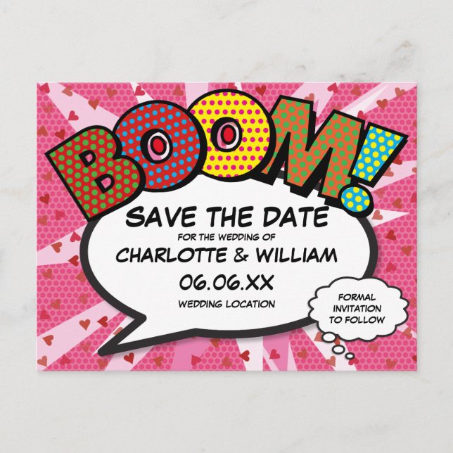 Modern Fun Comic Book BOOM Pink Save the Date Postcard (Front)