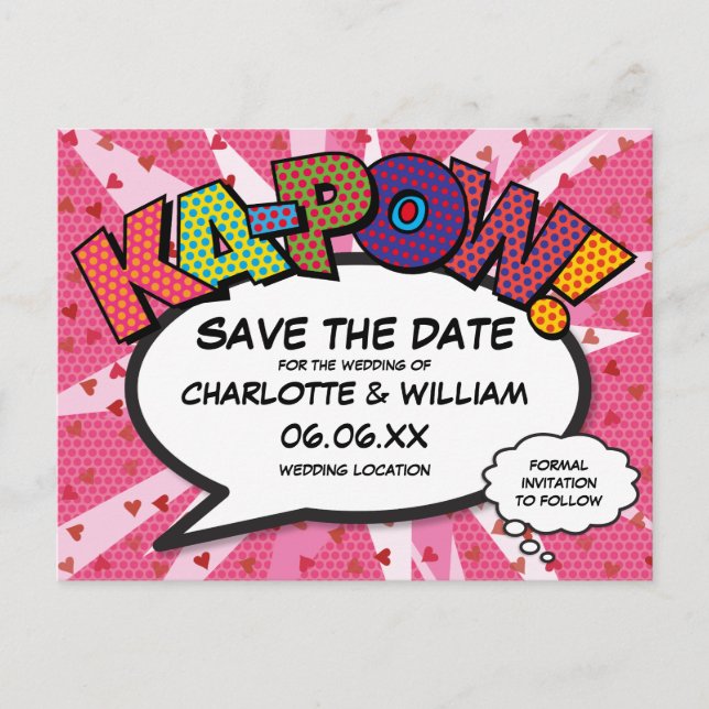 Modern Fun Comic Book KAPOW Pink Save the Date Postcard (Front)
