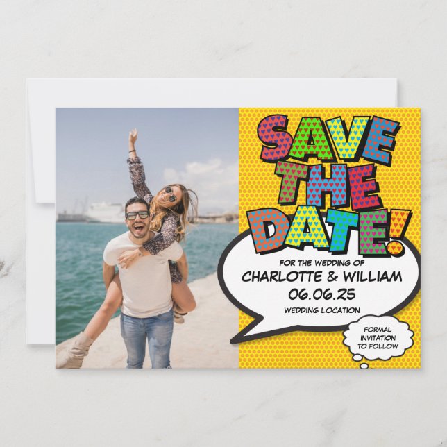 Modern Fun Comic Book Photo Save The Date Card (Front)