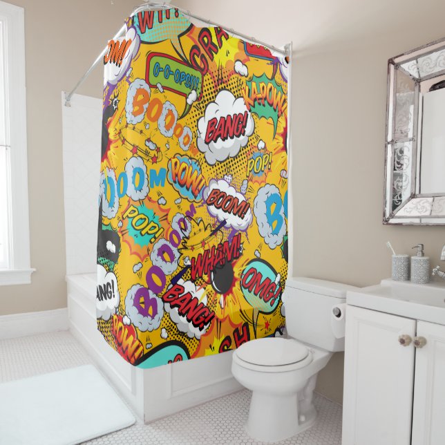 Modern Fun Comic Book Pop Art Explosions Shower Curtain (In Situ)