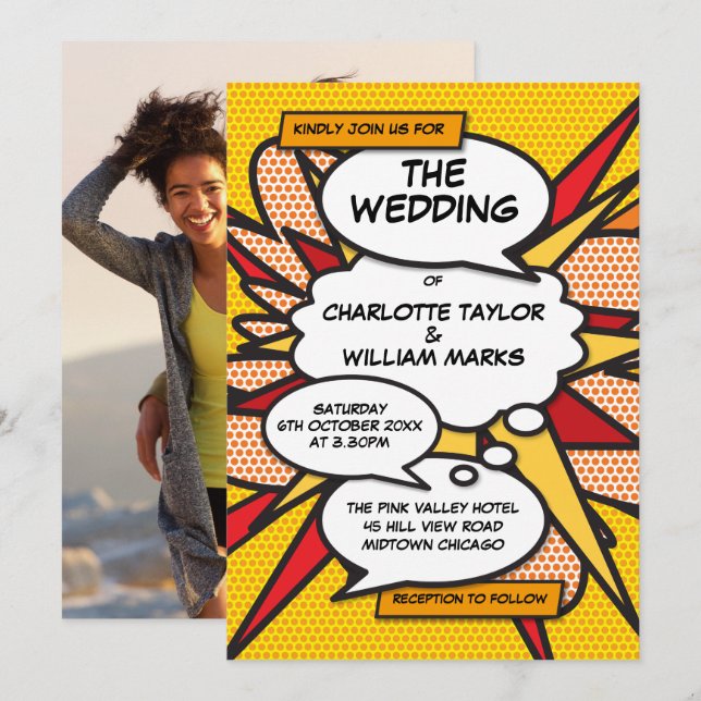 Modern Fun Comic Book Pop Art Photo Wedding Invitation (Front/Back)