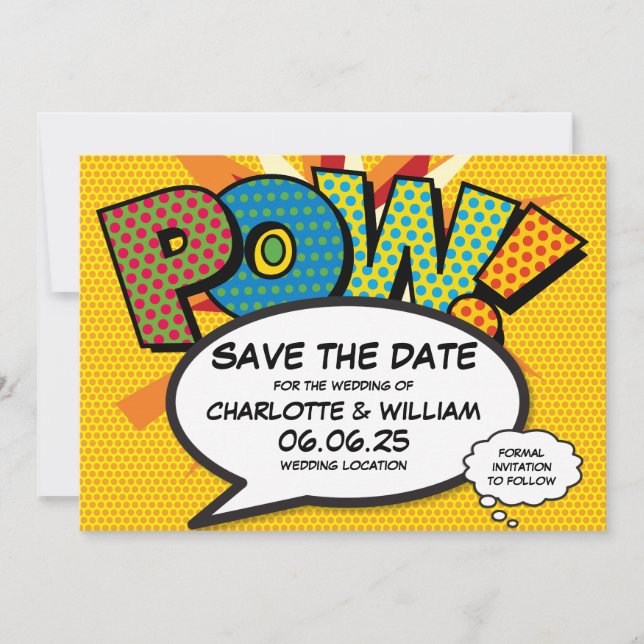 Modern Fun Comic Book Pow Wedding Save The Date (Front)