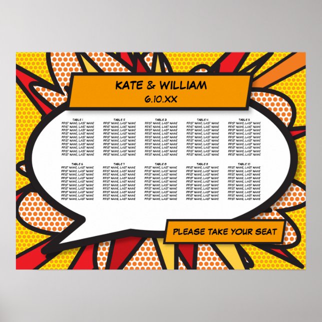 Modern Fun Comic Book Wedding Seating Chart (Front)