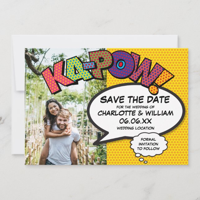 Modern Fun Comic KAPOW Photo Save The Date (Front)