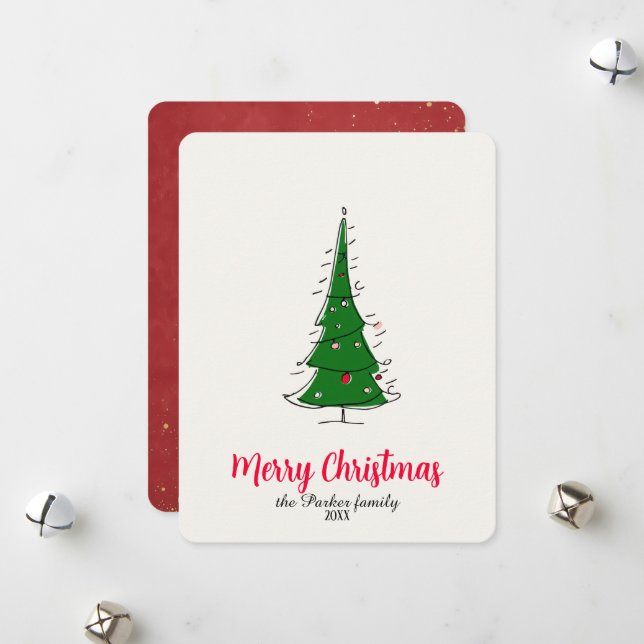 Modern Fun Doodle Christmas Tree Merry Christmas Holiday Card (Front/Back In Situ)