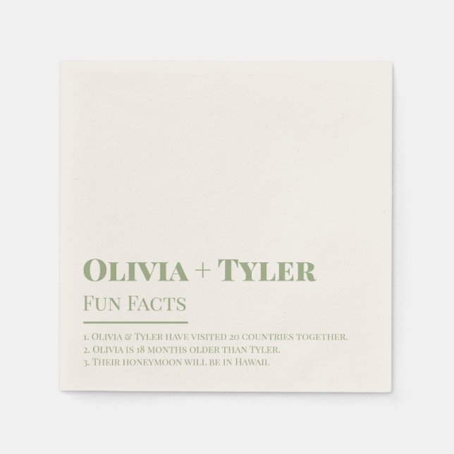 Modern Fun Facts Wedding Reception Sage Green Napkin (Front)
