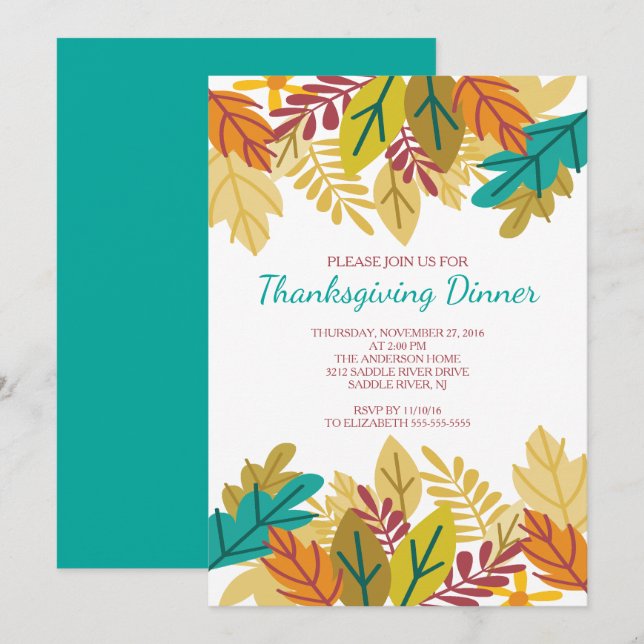 Modern Fun Fall Leaves Thanksgiving Dinner Invitation (Front/Back)