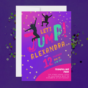 Modern Fun Girl Purple Pink Trampoline Jump Bounce Invitation