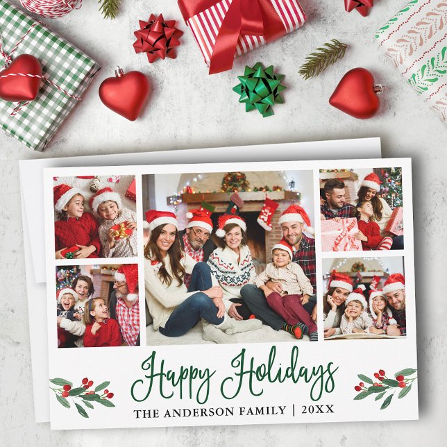 Modern Fun Green Calligraphy 5 Photo Holiday Card (Customize to add text to back of card.)