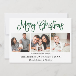 Modern Fun Green Calligraphy Christmas 3 Photos Holiday Card