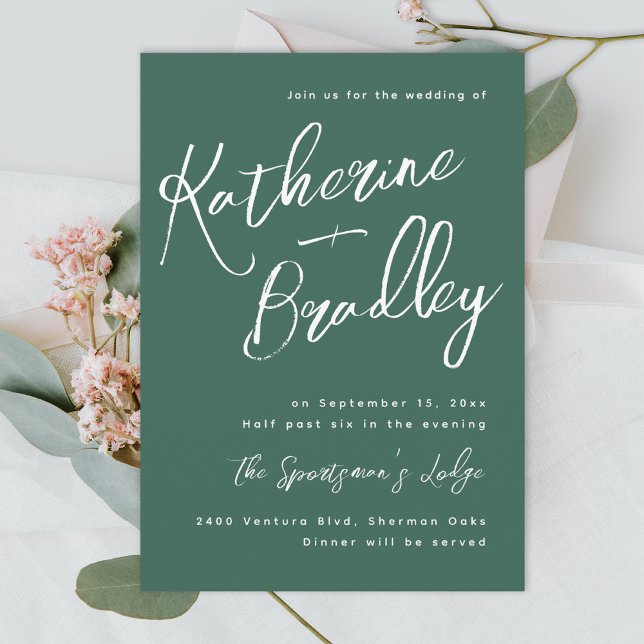 Modern fun handwriting couples names green peach invitation (Creator Uploaded)