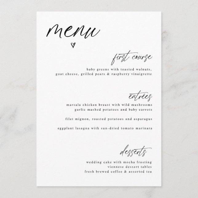 Modern Fun Handwriting Heart Simple Wedding Menu (Front)
