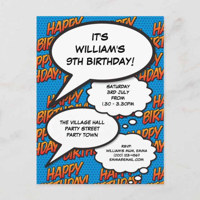 Modern Fun Happy Birthday Party Blue Photo Invitation Postcard (Front)