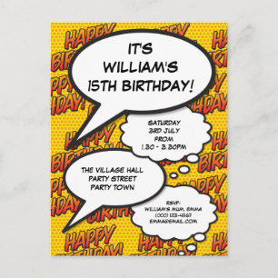Modern Fun Happy Birthday Party Comic Book Invitation Postcard