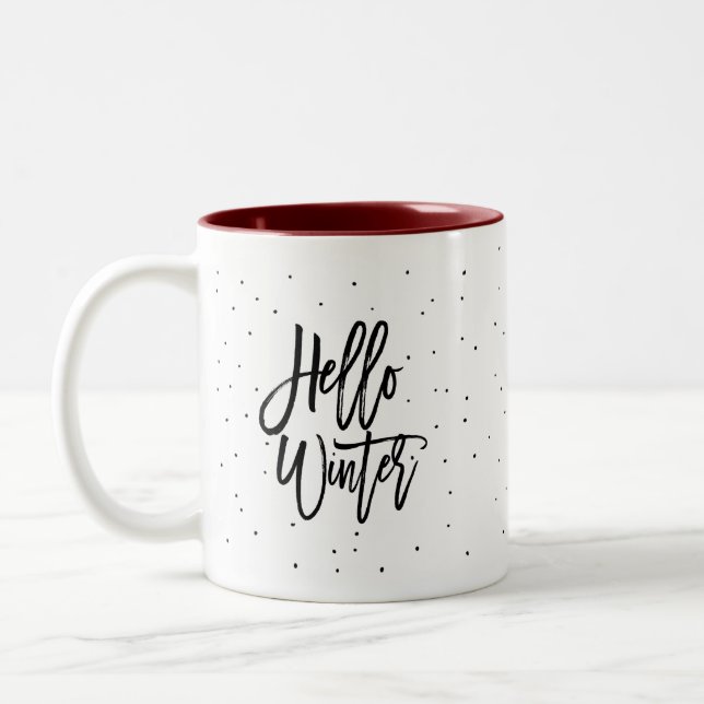 Modern Fun Hello Winter Cosy Script Dots Minimal Two-Tone Coffee Mug (Left)