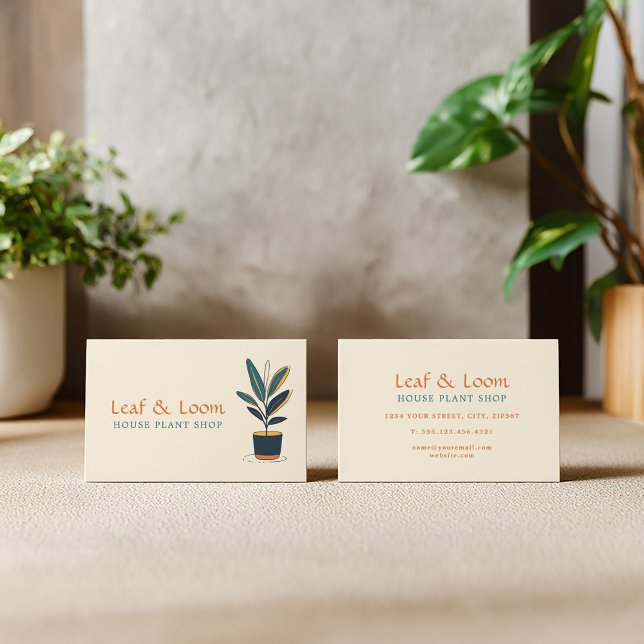 Modern fun house Plant Shop fun simple Business Card (House plant shop business card with potted plant on the front)