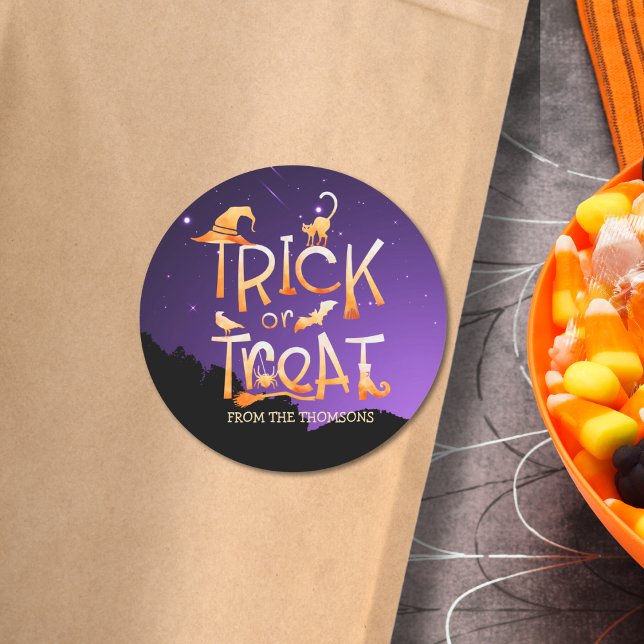 Modern Fun Orange Black Purple Trick or Treat Classic Round Sticker (Creator Uploaded)