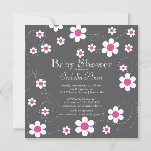 Modern & Fun Pink Flowers Flora Girls Baby Shower Invitation (Front)
