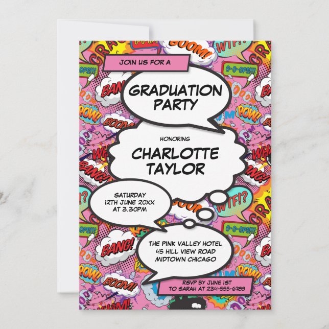 Modern Fun Pink Girly Comic Book Graduation Party  Invitation (Front)